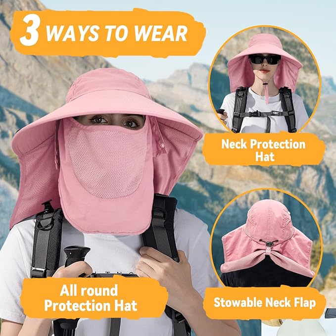 Sun Hats for Men Women Detachable Face Cover Wide Brim Fishing Hats with Neck Flap UPF 50+ Outdoor Safari Hats