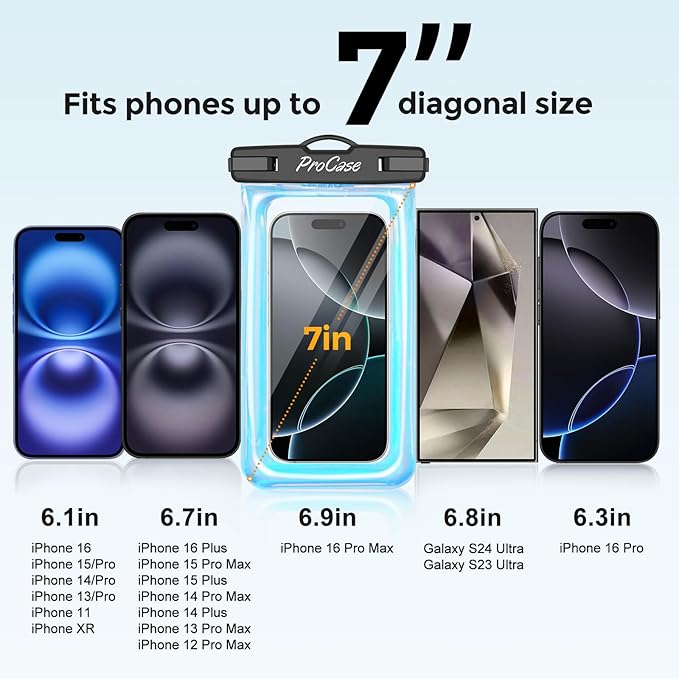 ProCase 2 Pack Floating Waterproof Phone Pouch Up to 7", IPX8 Floatable Underwater Phone Case Dry Bag for iPhone 17/Air 16 15 14 13 12 11 Pro Max Xs Max XR X 8 7 Plus SE/Galaxy S24 S23 S22 - Sparkle