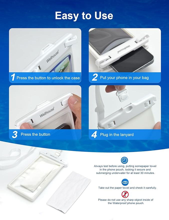wellhouse Waterproof Phone Pouch, Waterproof Phone Case for iPhone 16 15 14 13 12 Pro Max XS Samsung, IPX8 3D Cellphone Dry Bag Beach Essentials (1 Pack - White8.0, 8 inch)