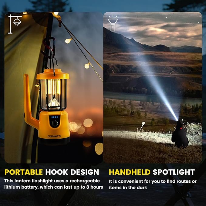 Lanterns for Power Outages, LED Lantern Flashlight, 2000LM Rechargeable Camping Light, 4200mAh Battery, 4 Modes, 2625ft Beam, 8Hr Runtime, IP43 Waterproof for Home, Hiking, Fishing, Outdoor