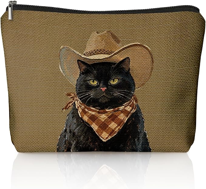 Funny Black Cat Makeup Bag, Cat Mom Lady Lovers Gifts for Women Cosmetic Bag, Pet Lover Gifts, Funny Western Cowboy Black Kitten Small Toiletry Bags Zipper Makeup Pouch