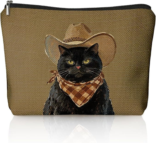 Funny Black Cat Makeup Bag, Cat Mom Lady Lovers Gifts for Women Cosmetic Bag, Pet Lover Gifts, Funny Western Cowboy Black Kitten Small Toiletry Bags Zipper Makeup Pouch
