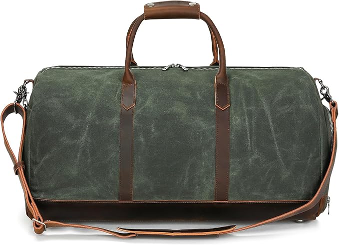 Waxed Canvas Weekender Duffle Bag, Vintage Style Travel Bag with Leather Trim, Army Green (Forest Green)