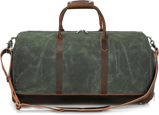 Waxed Canvas Weekender Duffle Bag, Vintage Style Travel Bag with Leather Trim, Army Green (Forest Green)