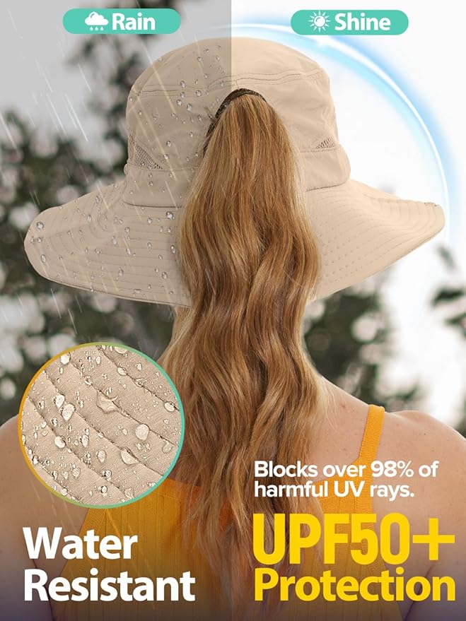 Sun Bucket Beach Hats for Women with Ponytail Hole,Sun Protection UV UPF50+ Waterproof Fishing Safari Hiking Hat