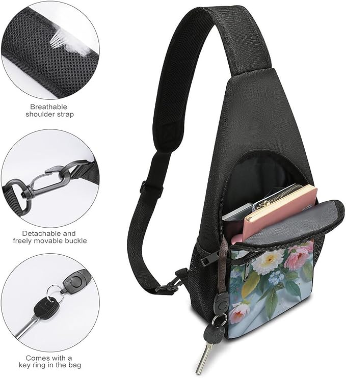 SWEET TANG Anti Theft Sling Chest Bag Shoulder Backpack Spring Rose Floral Design Vintage Chic Petals Crossbody Bags Gym Sack, Polyester Daypack Lightweight for Men Women Travel Gym Sport Hiking