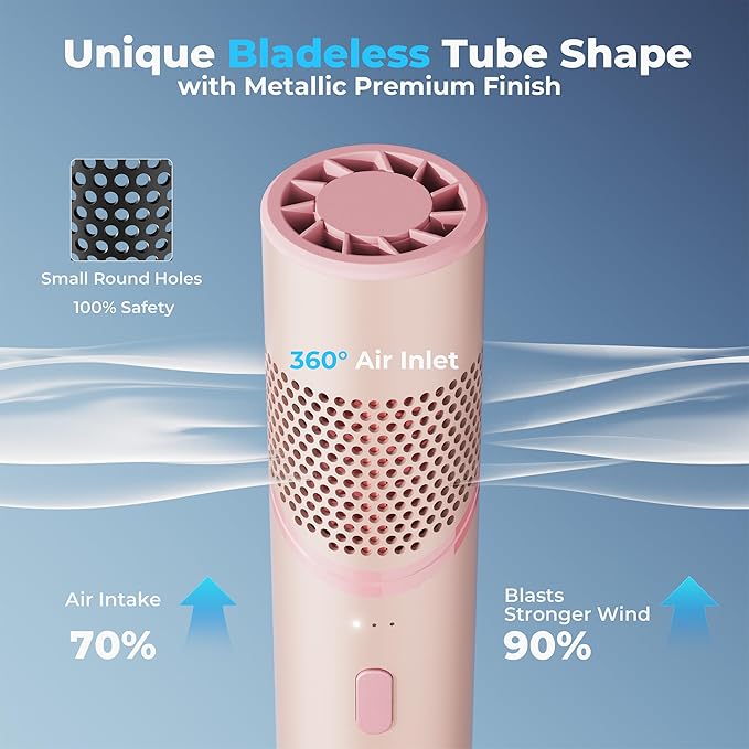 COMLIFE Portable Handheld Turbo Fan with Rotatable Head, 22H Run Time, 14000RPM High Speed Motor, 3 Speeds & Metal Tube Body, Mini Yet Powerful Pocket Rechargeable for Travel Outdoor Beach-Pink