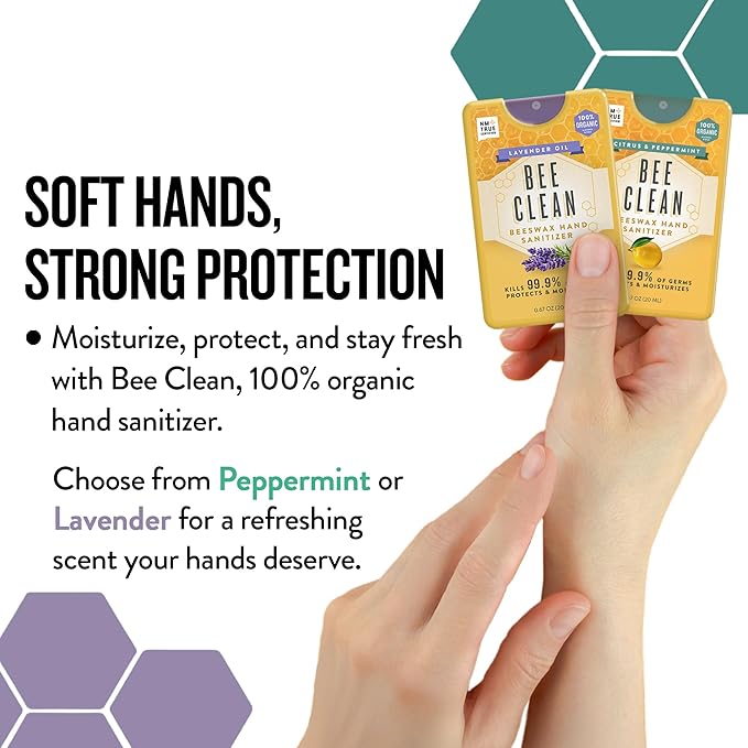 Organic Beeswax Hand Sanitizer Spray - 4-Pack (2 Lavender + 2 Citrus Peppermint), Travel Size Mist Spray with Organic Ethyl Alcohol, Moisturizing with Essential Oils, Non-Toxic, Made in USA