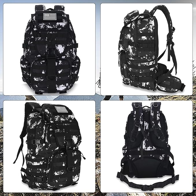 HongXingHai 50L Military Tactical Backpack 3 Day Assault Pack Molle Daypack Hiking Backpack for Men and Women (Black-White Lightning)
