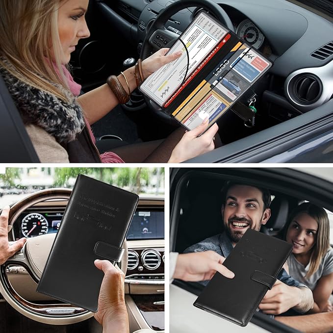 DMLuna Car Registration and Insurance Holder, Leather Vehicle Card Document Glove Box Organizer, Auto Truck Compartment Accessories for Essential Information, Driver License Cards - Black