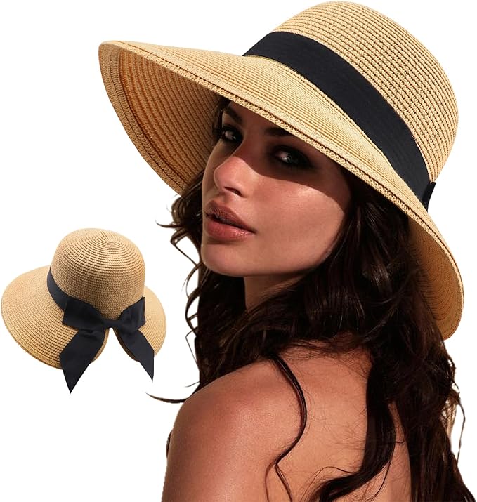 DRESHOW Sun Hats for Women Travel Fedora Foldable Beach Sun Hat Summer Wide Brim Straw Bucket Hat with Bowknot UPF 50+