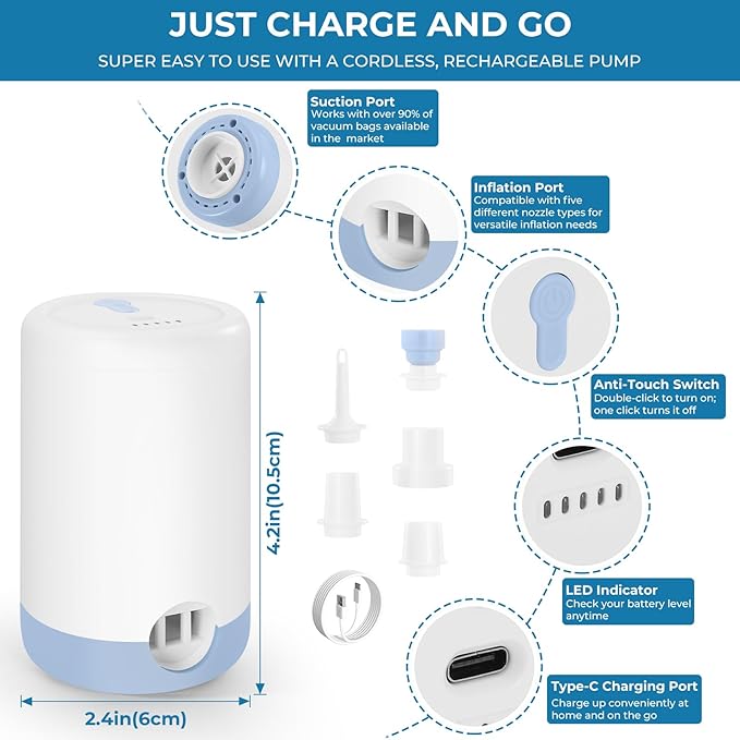 Travel Vacuum Bags with Rechargeable Cordless Pump, 20 Pack Vacuum Seal Bags for Clothing Travel Compression, Space Saver Vacuum Storage Bags for Clothes, Blanket, Bedding, Pillows, Comforters