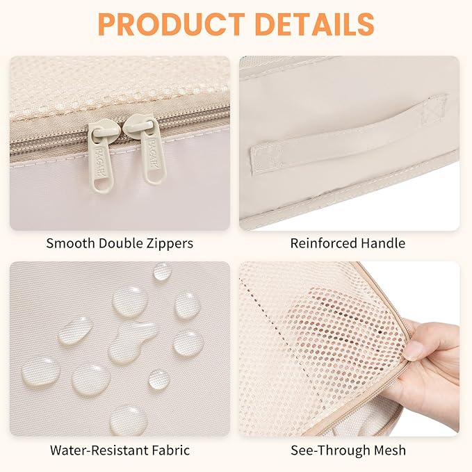 BAGAIL 6 Set Packing Cubes Luggage Packing Organizers for Travel Accessories-Beige