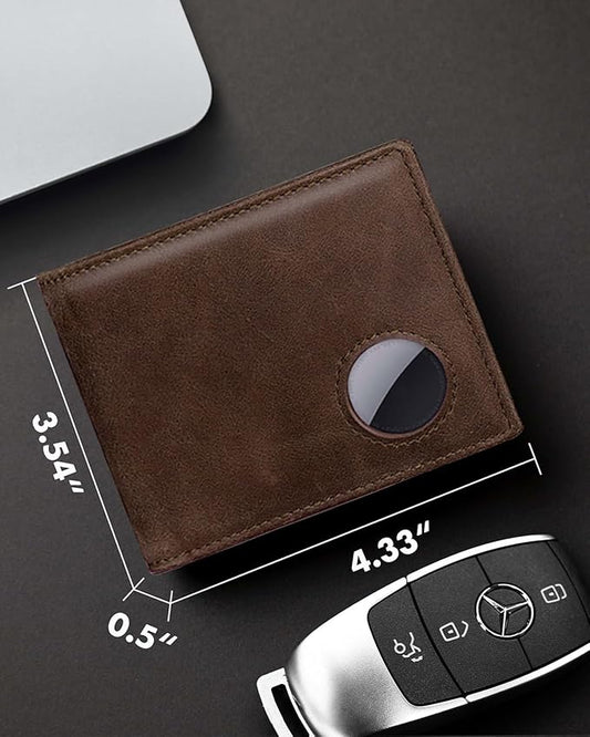 Mens Wallet with AirTag Holder, Genuine Leather Bifold RFID Blocking Wallet for Men - 2 ID Window 13 Cards Holders 1 Gift Box, AirTag Not Included
