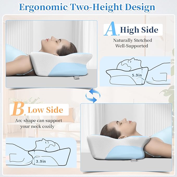 Memory Foam Cervical Pillow for Neck Pain Relief - Ergonomic Contour Pillow for Side, Back & Stomach Sleepers, Orthopedic Neck Support with Cooling Pillowcase