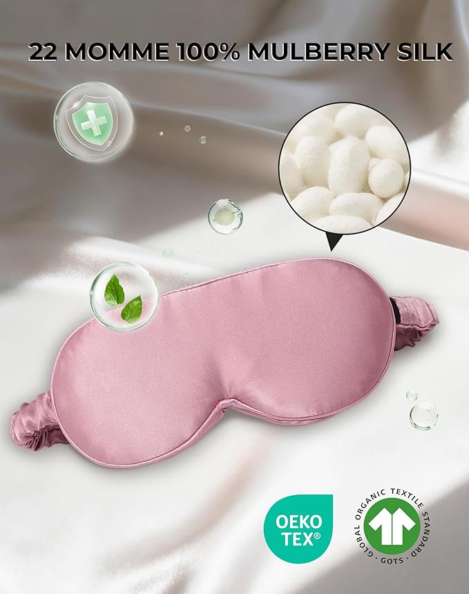 SilkSilky 100% 22 Momme Mulberry Silk Sleep Mask – Upgraded 3D Contoured Eye Mask with Nose Wing Pads & Adjustable Strap, Luxury Blackout Eye Cover for Women & Men (Pale Mauve)