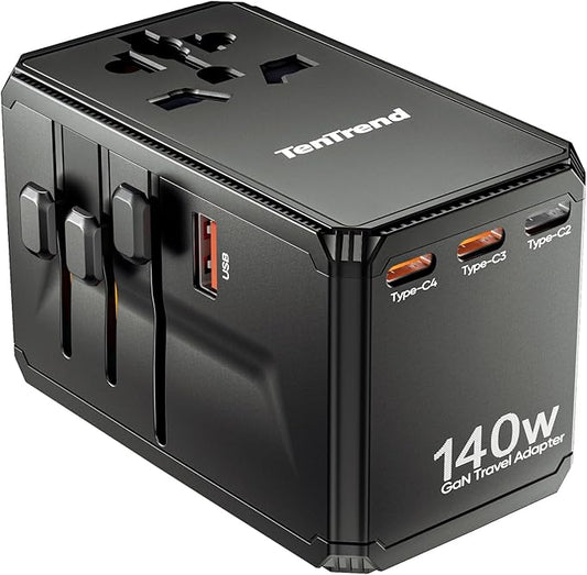 Universal Travel Adapter, 140W International Power Adapter with 4 USB-C & 1 USB-A Ports, European Travel Plug Adapter, Worldwide Travel Essentials for EU UK AUS USA