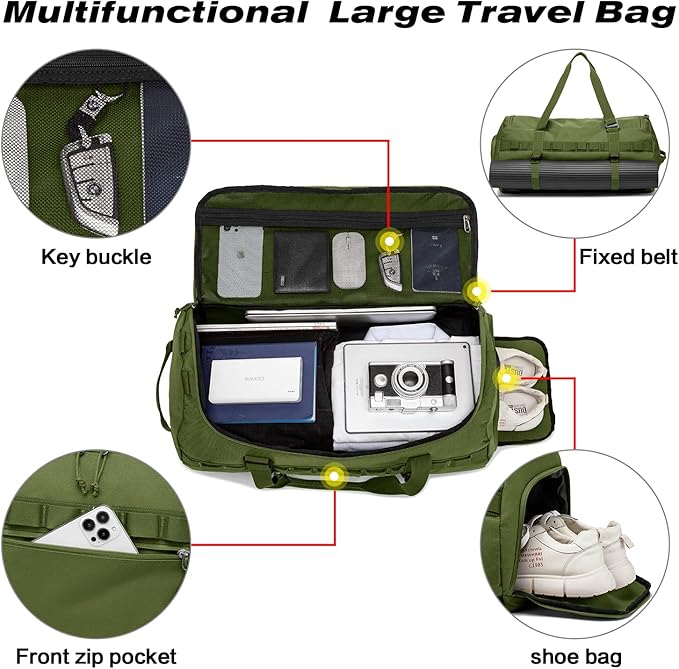 Lyweem 60L Duffle Bag for Men Travel Duffel Bag Large Size for Women Weekender Overnight with Shoes Compartment Multifunctional Gym Bags, Green