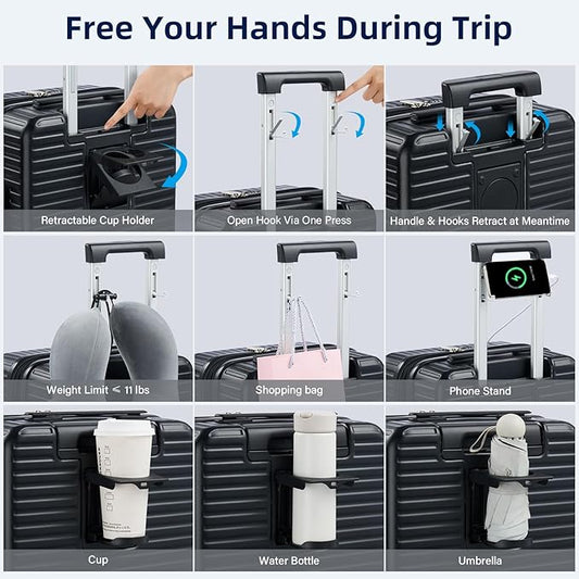 Hard Shell Suitcases Expandable Travel Luggage Sets 3 Piece, Carry on and Check in 3 Piece Luggage Suitcase Sets with Spinner Wheels Cup Holder Charger Built in (Black, 20/24/28)