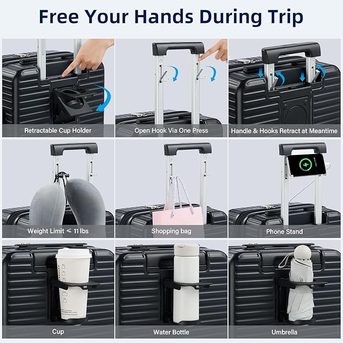Hard Shell Suitcases Expandable Travel Luggage Sets 2 Piece, Carry on and Check in Luggage Lightweight Suitcase Set 2 Piece with Wheels Cup Holder Charger Built in (Black, 20/28)