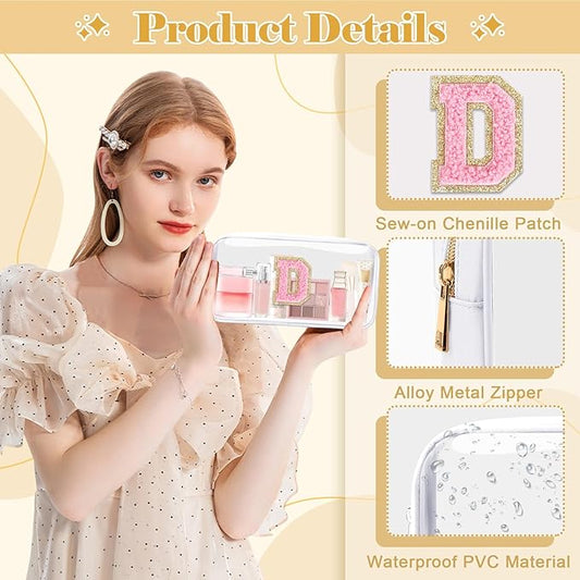 Personalized Initial Letter Clear Makeup Bag,Preppy Small Nylon&PVC Cosmetic Zipper Bag with Chenille Letter,Travel Skincare Toiletry Bag,Monogram Christmas Gift for Teen Girls Women,D