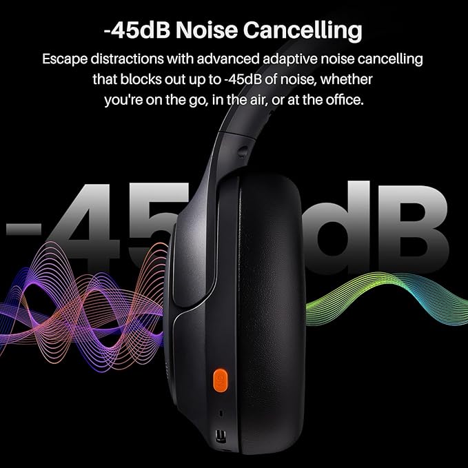 TOZO HT3 Hybrid Noise Cancelling Headphones, 90H Playtime Wireless Over Ear Bluetooth Headset, Spatial Audio AI Chat with 5 Mics, Supports Dual Connection and USB-C Input, with 32 EQ Music Modes