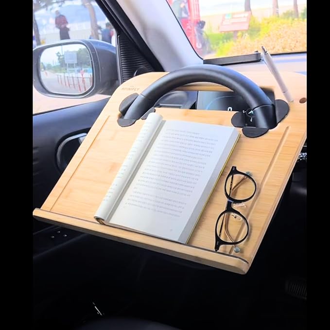 SPINIFLY 2 in 1 Steering Wheel Tray – Car Tray & Food Table – Car Essentials Double Sided Bamboo Car Desk for Laptop, Eating & Reading – Fits up to 17" Laptop