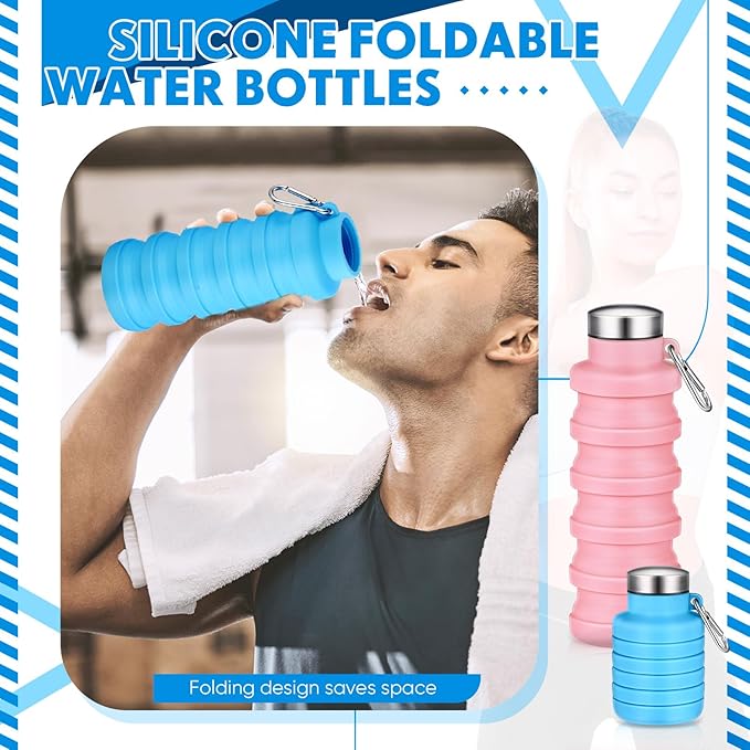 Baderke 2 Pcs Collapsible Water Bottles 17oz Silicone Travel Foldable Portable Water Bottle with Buckle Silicone Lightweight Reusable Leakproof for Camping Hiking Cycling Sport(Pink, Blue)