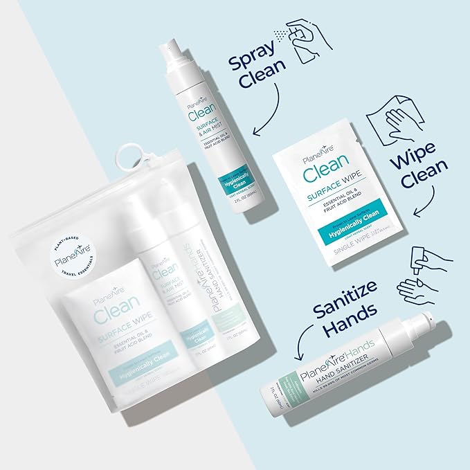 Travel Essentials | Hygiene Kit | Travel Toiletry Kit | Travel Size | Gel Hand Sanitizer 3-Mint Scent | Surface Wipes | Individual Travel Wipes | Surface Cleaner & Air Mist | Made with Essential Oils