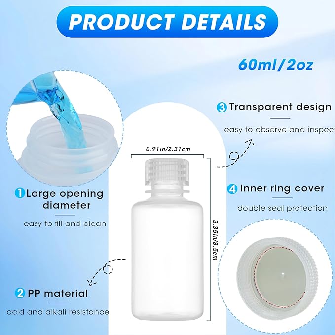 2oz/60ml Plastic Sample Bottles with caps, Wide Mouth Reagent Bottle with Lids Leak Proof Containers Water Sample Bottles for Laboratories, Travel(10Pcs)