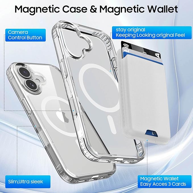 Ntwinro Magnetic for iPhone 16 Clear Case (Compatible with MagSafe) with White Detachable Wallet & Card Holder for 3 Cards [RFID Blocking] Military Grade Protective Slim Phone Cover