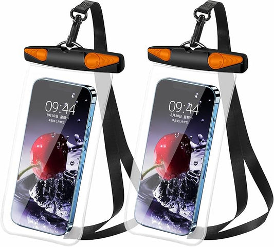 Waterproof Phone Pouch, Waterproof Phone Case with Lanyard for iPhone, Samsung, IPX8 Cellphone Beach Dry Bag Kayak Cruise Ship Essentials 2Pack-7.5" Black Orange