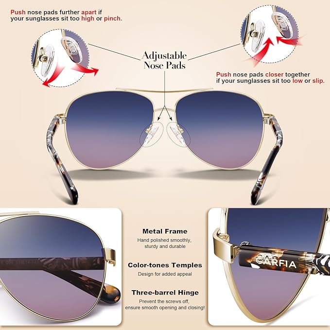 CARFIA Polarized Sunglasses for Women UV Protection Acetate Arms Metal Frame Woman's Shades CA3216
