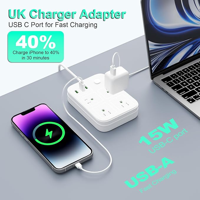 UK Adapters for Travel, UK Power Strip with 4 AC Outlets 1 USB C and 2 USB Ports, UK to US Plug Adapter Type G, UK Outlet Adapter for UK Ireland England Scotland Hong Kong Travel (3ft)