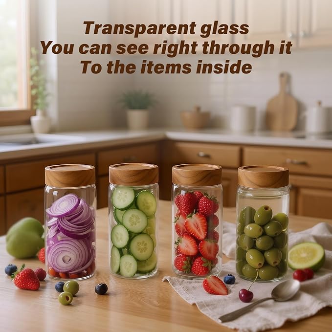 Zoaiirte 6 -Piece 13 oz Food-Grade Glass Mason Jars with Acacia Wood Lids, Sealable Waterproof, Transparent Easily Stackable for Overnight Oats, Spice Storage & Snack Organizing