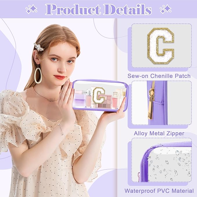 Personalized Initial Letter Clear Makeup Bag,Preppy Small Nylon&PVC Cosmetic Zipper Bag with Chenille Letter,Travel Skincare Toiletry Bag,Monogram Christmas Gift for Teen Girls Women,C