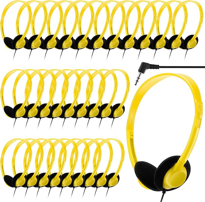 Yunsailing 30 Pack Bulk Headphones Set Over Ear Headphones with Adjustable Headband 3.5mm Plug Headsets Earphones for Learning Program, Computer Lab, Library, Testing & Multimedia Use (Yellow)