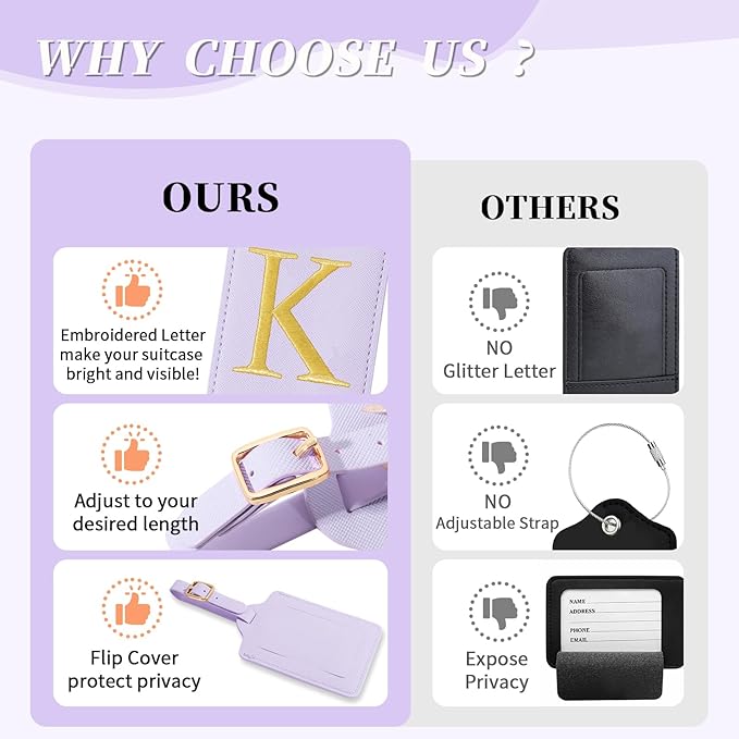 Personalized Initial Luggage Tags for Suitcase, Purple Leather Cute Luggage Tags with Privacy Cover Name Card, Embroidered Custom Monogrammed Luggage Tag Travel Backpack Tags Gifts for Women Kids(K)