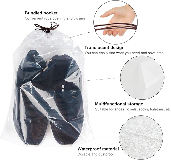 100 Pcs transparent Shoe Bags for Travel,11.8“ x 15.7”,Drawstring Travel Shoe Bags for Packing,Waterproof Dustproof Portable Travel Shoe Storage Bag for Men and Womens Per Piece