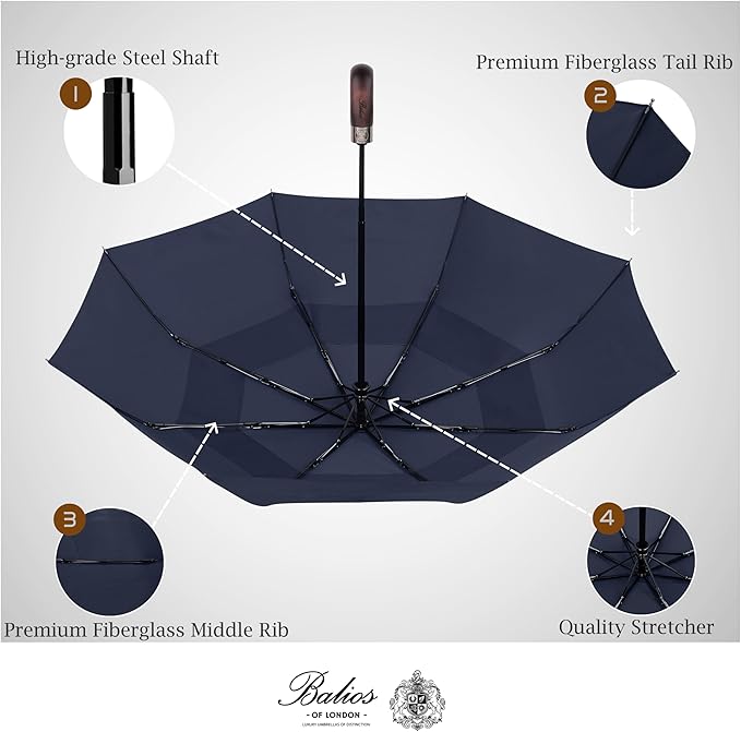 Balios Travel Folding Umbrella with Real Wood Handle Auto Open Close Vented Windproof Canopy - Designed in UK