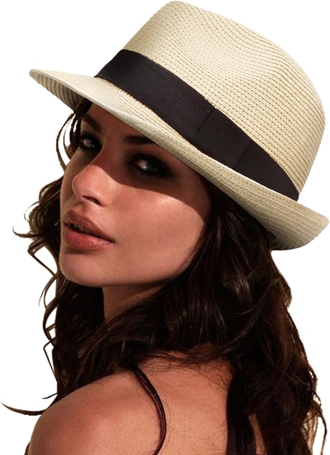 DRESHOW Women Straw Panama Hat Travel Fedora Beach Sun Hat Summer Wide Brim Straw Roll up Hat UPF 50+