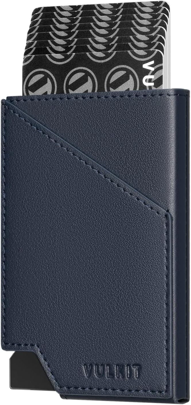 VULKIT Pop up Card Wallet RFID Blocking Slim Aluminum Metal Bank Card Holder Case with Business Money Pocket for Credit Cards Notes and Coins (Navy)