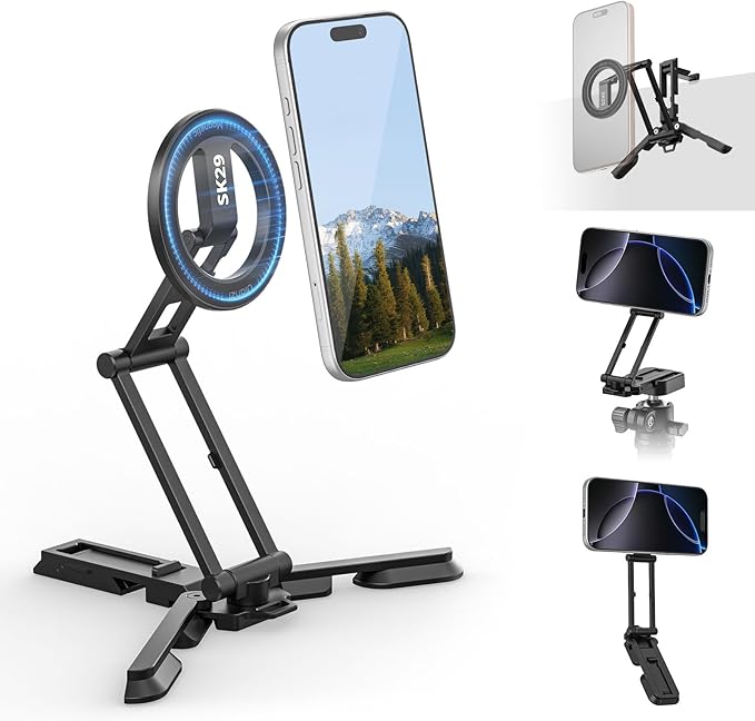 ULANZI Magnetic Phone Tripod Stand, Foldable Mini Tripod with MagSafe Phone Holder & Cold Shoe Mount, Camera Adapter with 1/4”, Arca, Uka QR Base, for DJI Canon Nikon, iPhone 17/16/15/14/13/12 Series