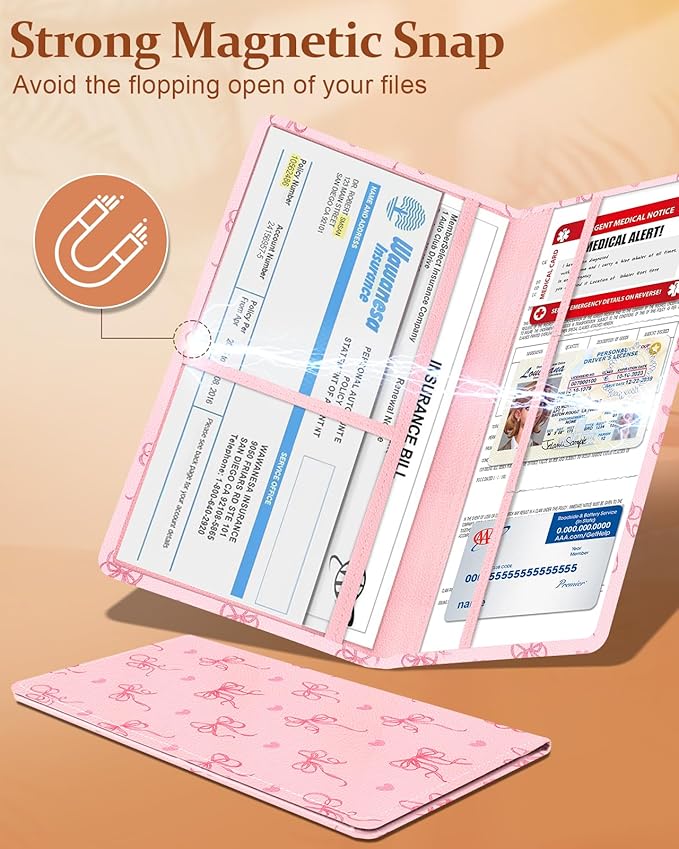 Slohif Car Registration and Insurance Card Holder - Bow Vehicle Glove Box Organizer Women with Magnetic Shut Leather Automobile License Holders Coasters Auto Accessories Case for Document