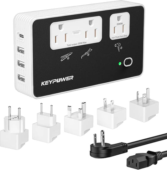 Key Power 2000W Step Down Converter, 220V to 110V Voltage Converter US to Europe, International Universal Travel Adapter with 3 AC Outlets and 4 USB(1 USB C) for Hair Dryer/Straightener.