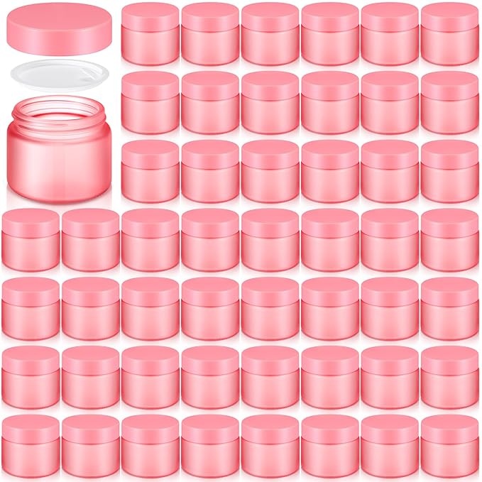 Domensi 48 Pcs 2 oz Glass Jars with Lids Travel Size Round Leakproof Empty Cosmetic Jars with Inner Liners Lid for Storing Makeup Lotions Face Cream Ointments Candle DIY Making (Pink)