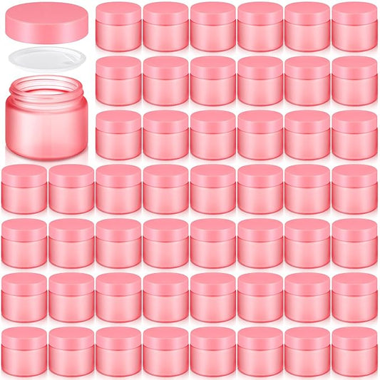 Domensi 48 Pcs 2 oz Glass Jars with Lids Travel Size Round Leakproof Empty Cosmetic Jars with Inner Liners Lid for Storing Makeup Lotions Face Cream Ointments Candle DIY Making (Pink)