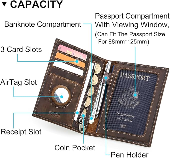 CONTACTS Full Grain Leather Airtag Passport Holder RFID Blocking Travel Passport Wallet Slim Passport Cover Case with 4 Cards Slots, Coin Pocket (Brown)