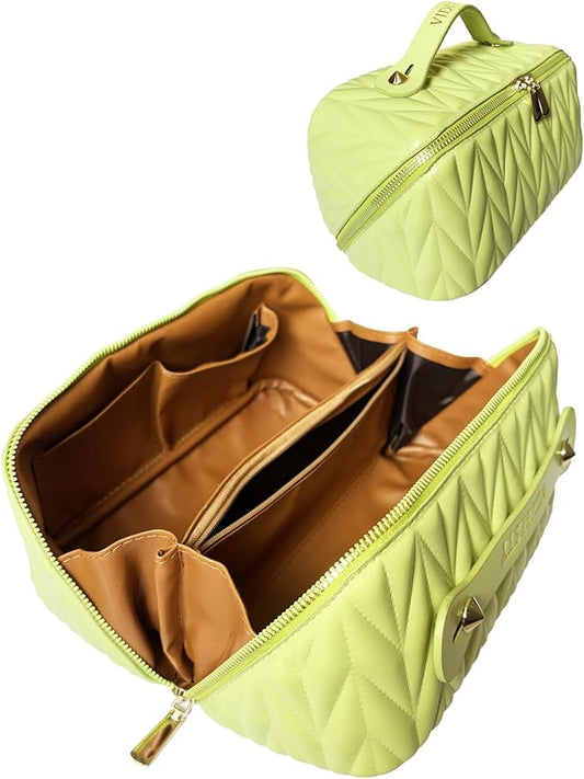 Travel Makeup Bag for Women, Large Capacity Cosmetic Bags for Girls, Compact Pouch Make up Organizer, Waterproof Toiletry Bag with Divider and Handle (Green)