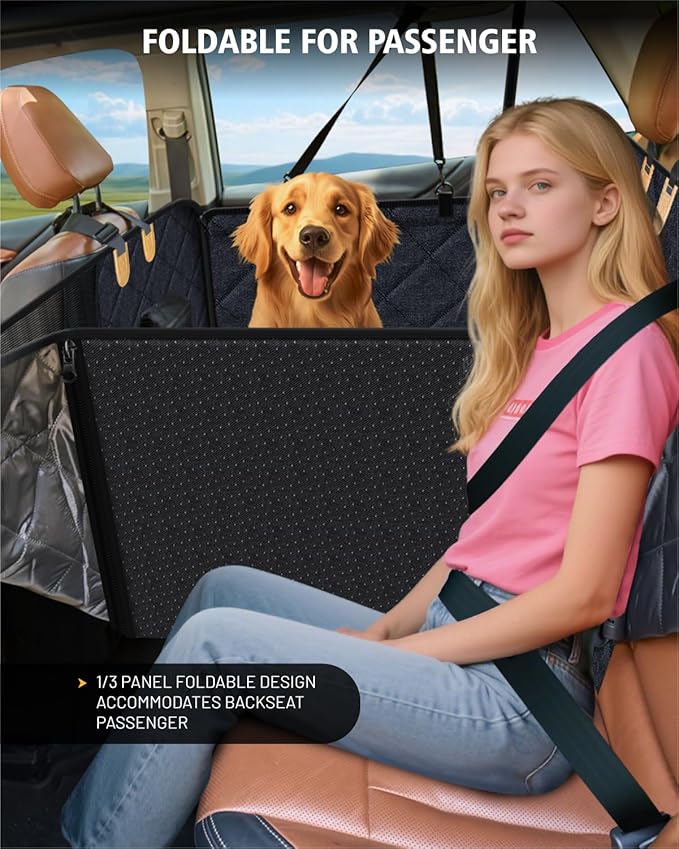 Back Seat Extender for Dog, Waterproof Dog Car Seat Cover for Back Seat, Hard Bottom Car Seat Cover, Large Space Hammock for Full-Size Crewcab Trucks, Pet Seat Cover Holds 450lbs(Black)